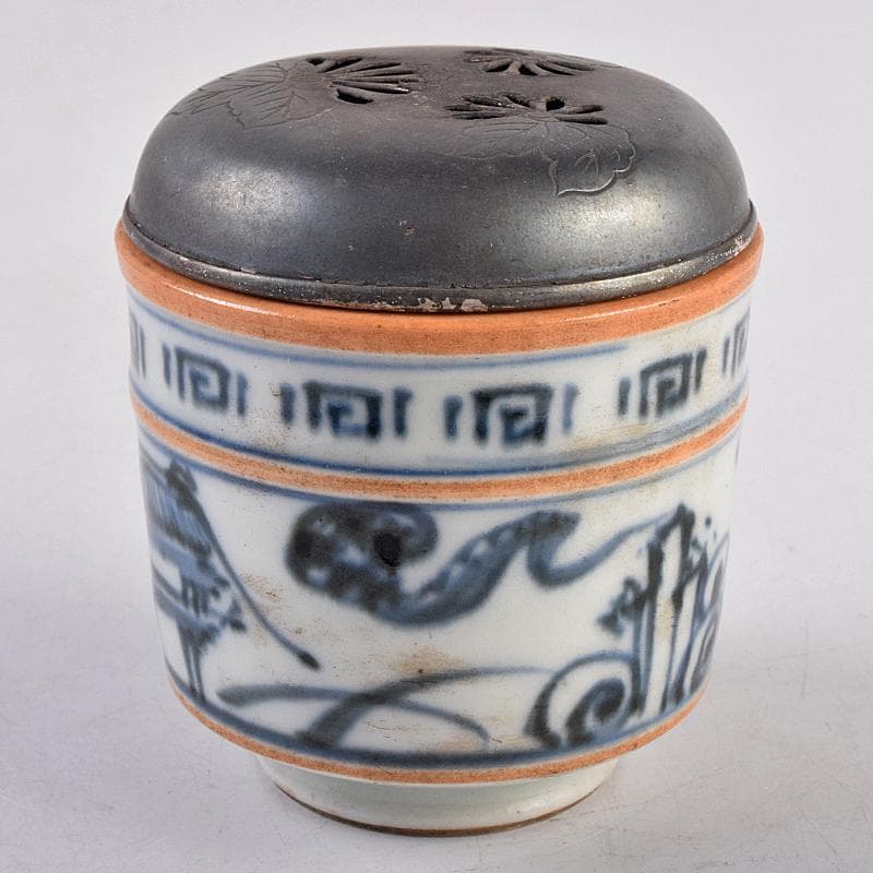 茶道具　京焼　滝口加全作　染付山水文　香炉　透かし火屋付　M　R8878