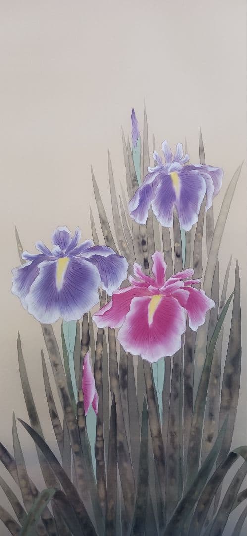 花菖蒲、絹地に堀　高泉の、真作 掛軸、額装用、送料無料