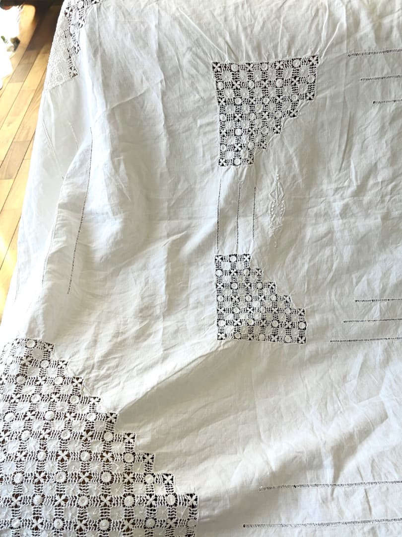 フランスアンティーク　特大　テーブルクロス　リネン　シーツ　ドロンワーク　刺繍