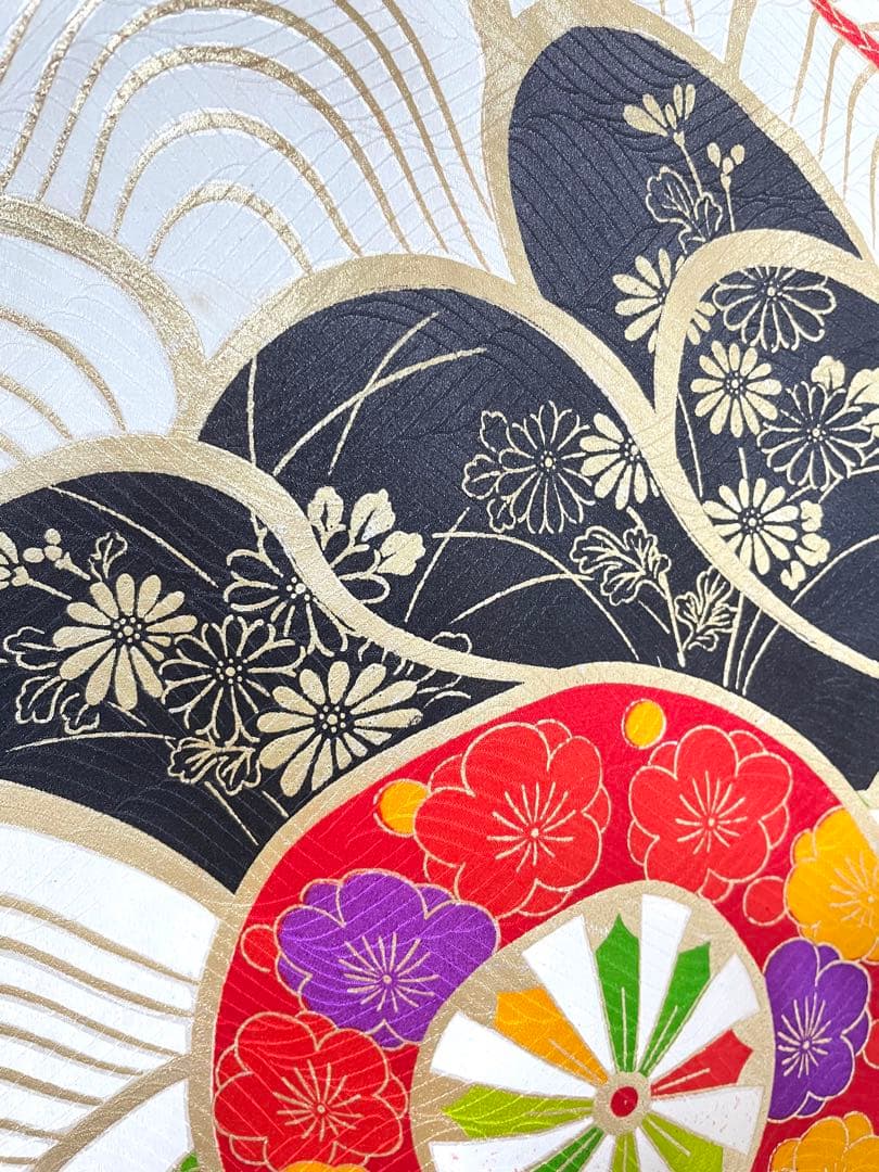 □七五三　正絹女児振り袖着物　金青海波　車輪　金駒刺繍　セミアンティーク