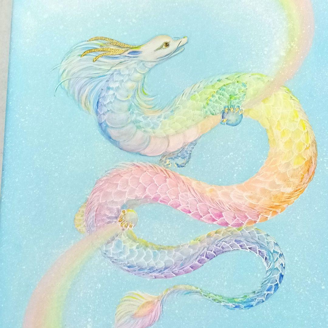 No.523 F4キャンバス アクリル画 原画 虹龍 開運絵画 龍神絵画
