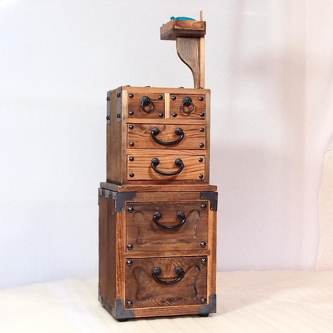 【良品】焼杉 隠し収納付き小引き出し＆裁縫箱 からくり収納/針箱 家具インテリア