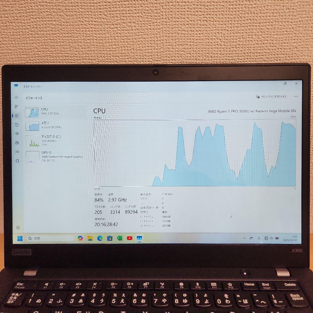 Windowsノート本体 ThinkPad X395 Ryzen5 Pro 3500U SSD256GB