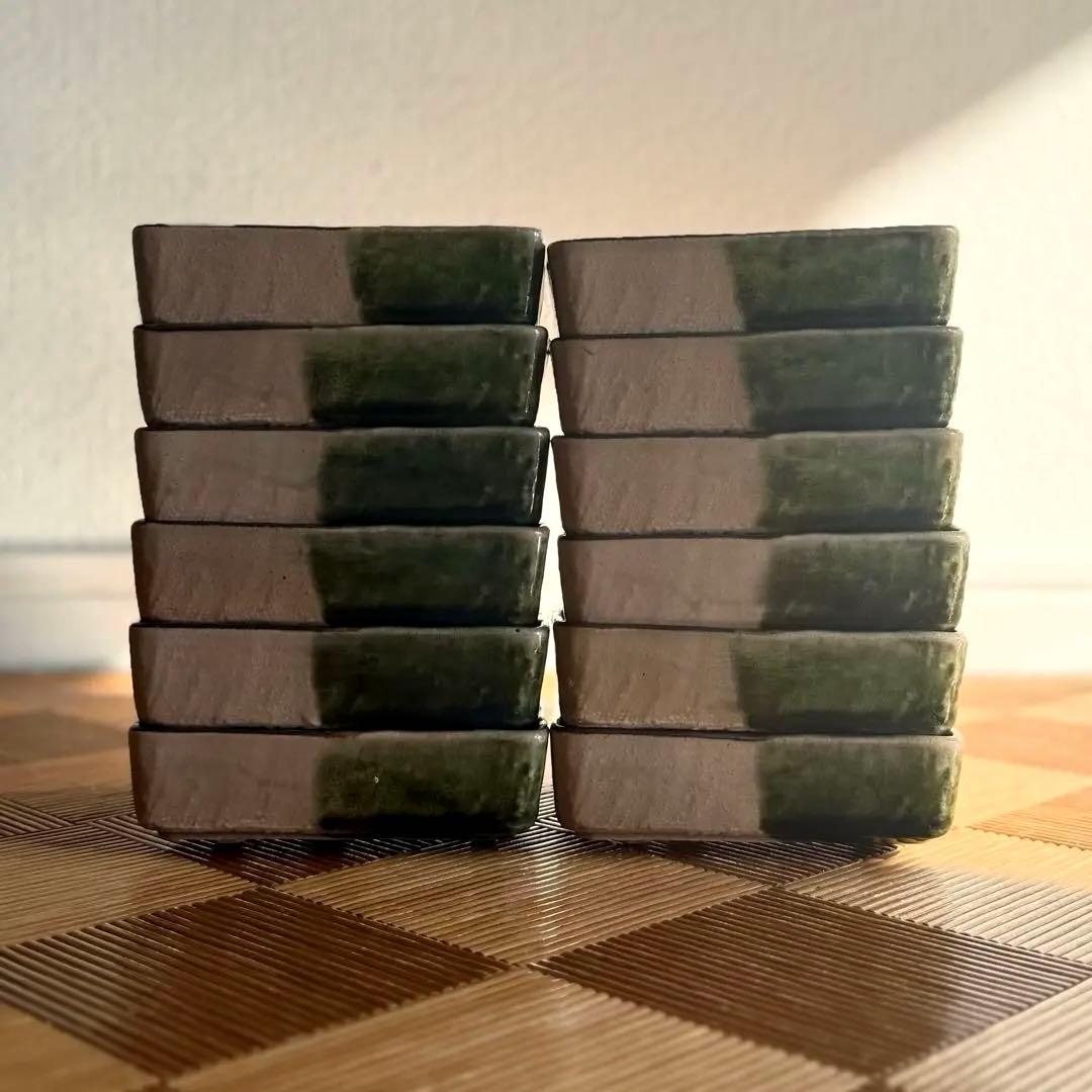 SNT1395 織部焼 伝統工芸品 脚付 変形角皿 向付け 12客 割烹 料亭