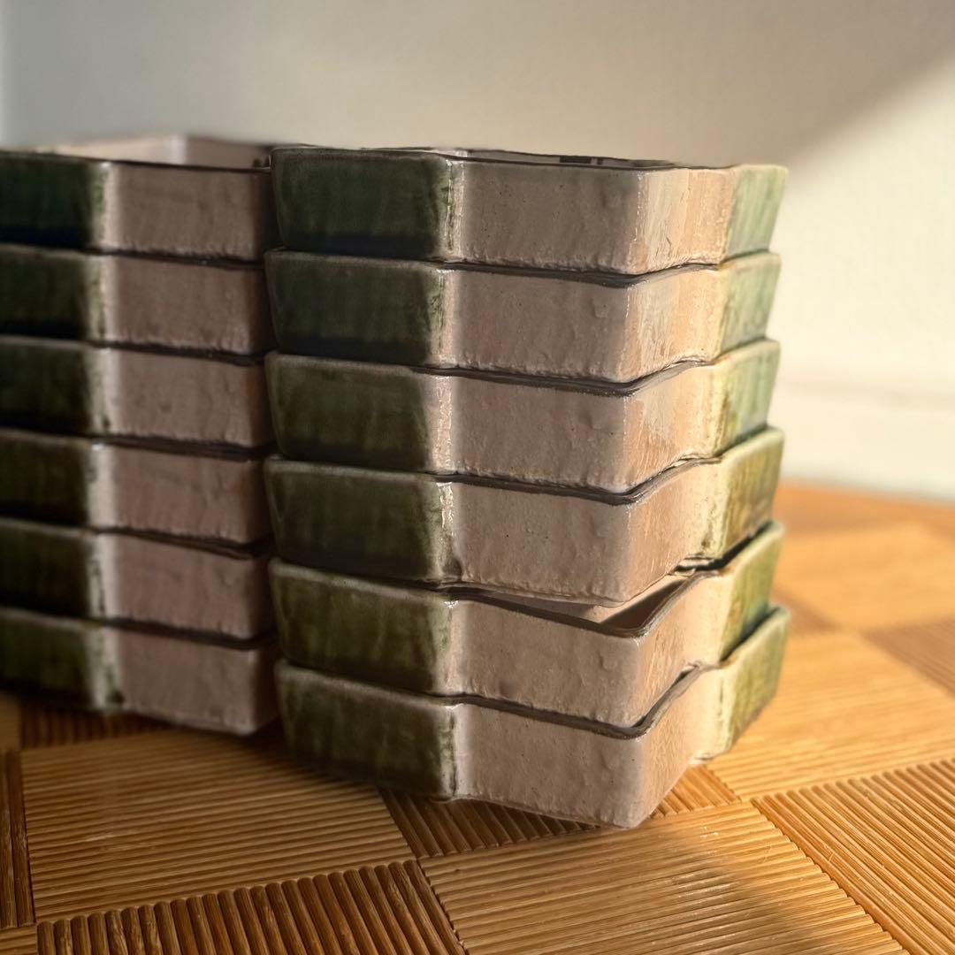 SNT1395 織部焼 伝統工芸品 脚付 変形角皿 向付け 12客 割烹 料亭