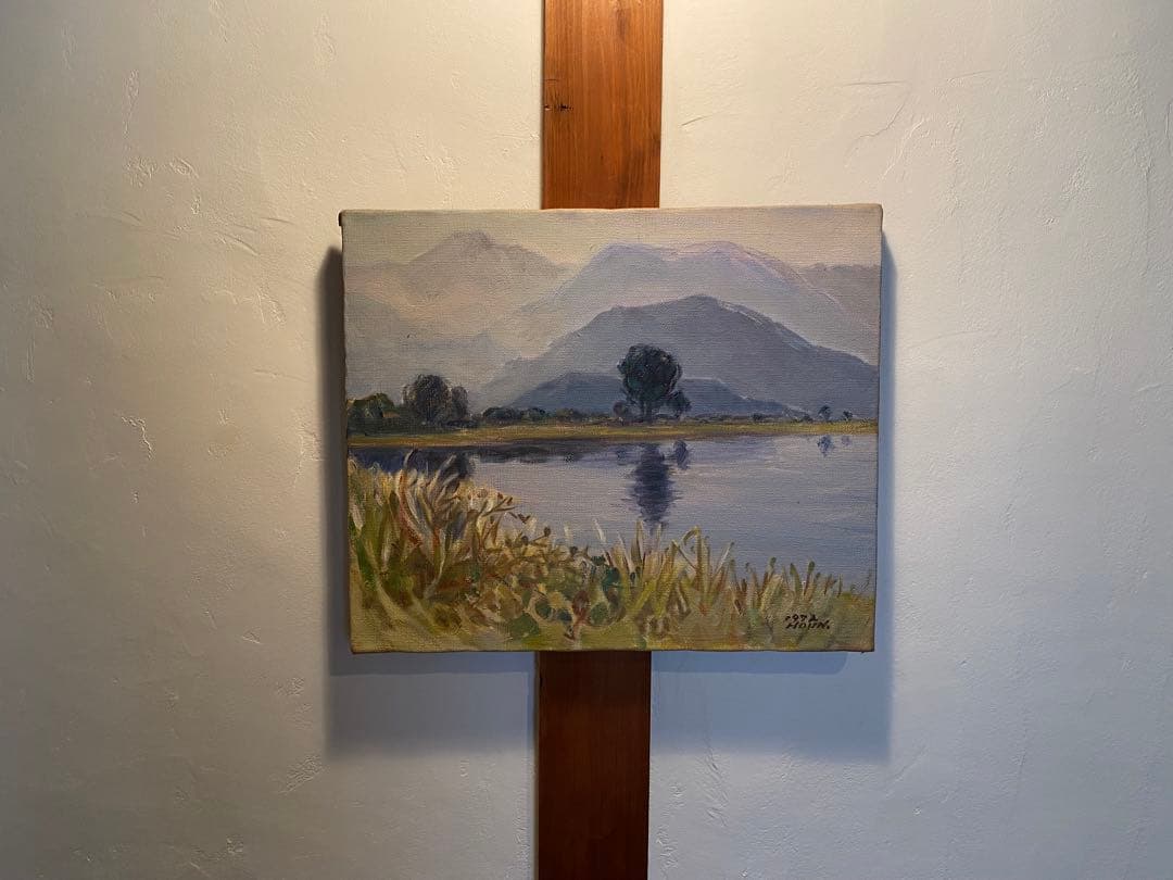 《静かな稜線》 風景画 油絵 F8号 38×46cm 湖と山と木 額なし
