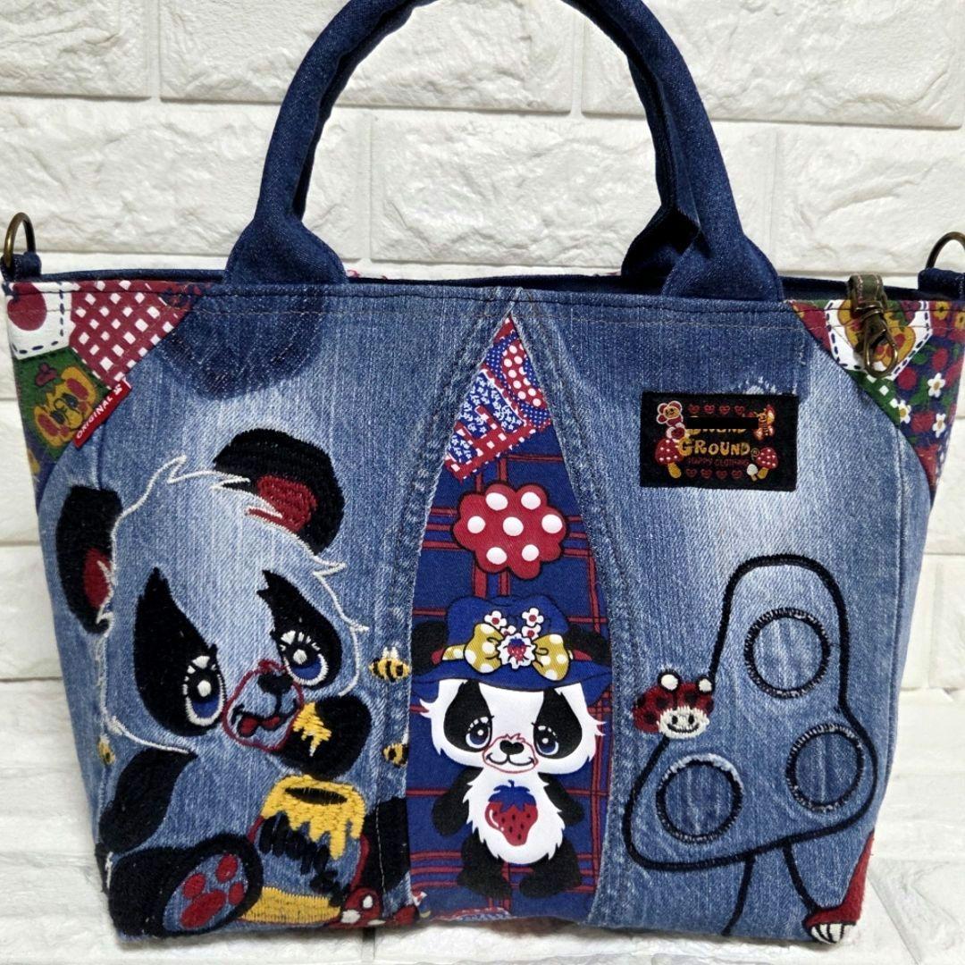 934 デニム＊リメイク＊パンダ刺繍＊バッグ＊トートバッグ