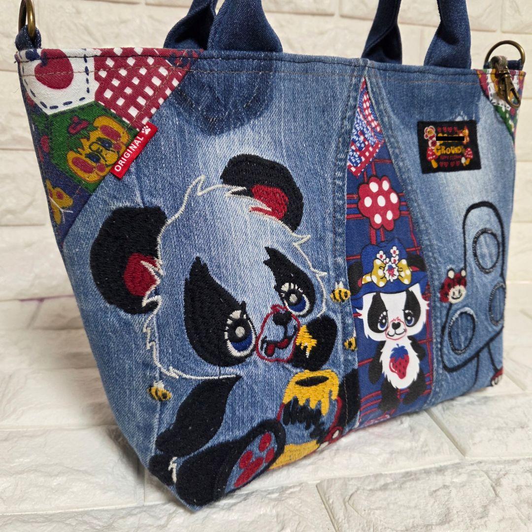 934 デニム＊リメイク＊パンダ刺繍＊バッグ＊トートバッグ