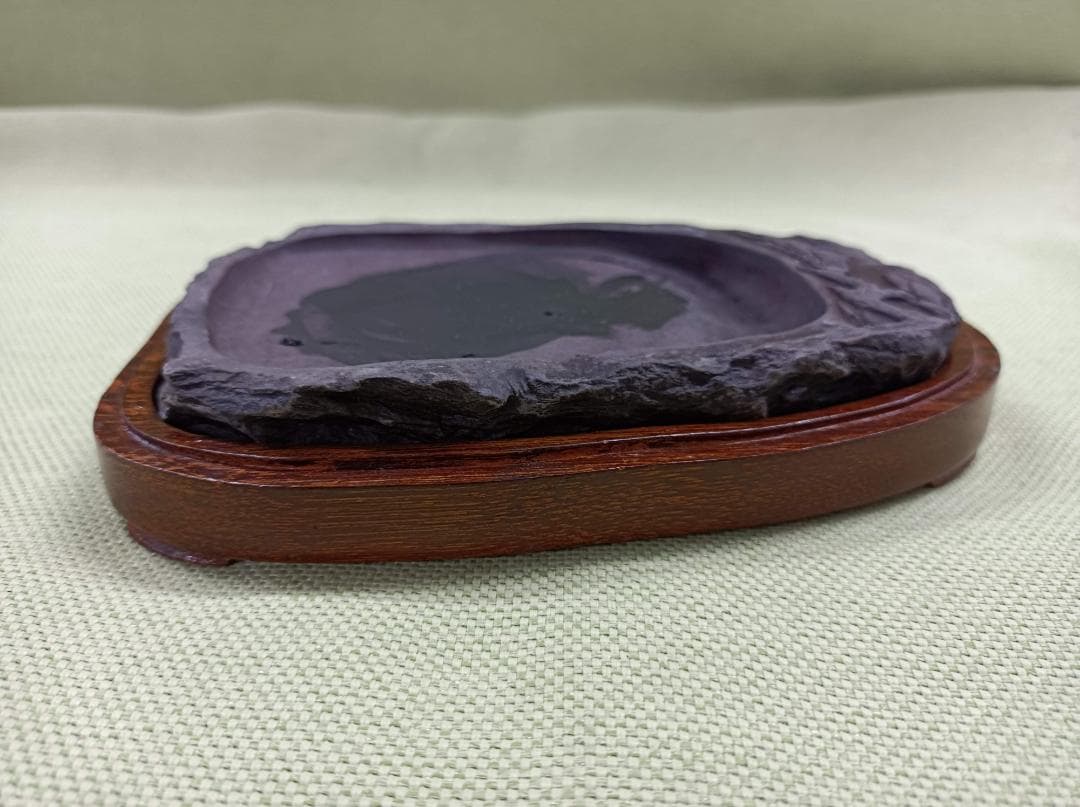 都《KESHK》中国　書道具　竹鳥刻　端渓硯　唐木蓋硯