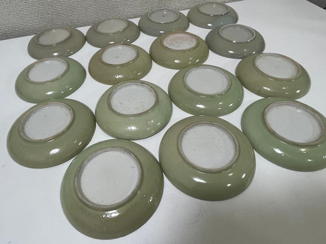 【現状品】クロム青磁 陶器 青磁 皿 風景画 アンティーク 割烹 懐石 15枚