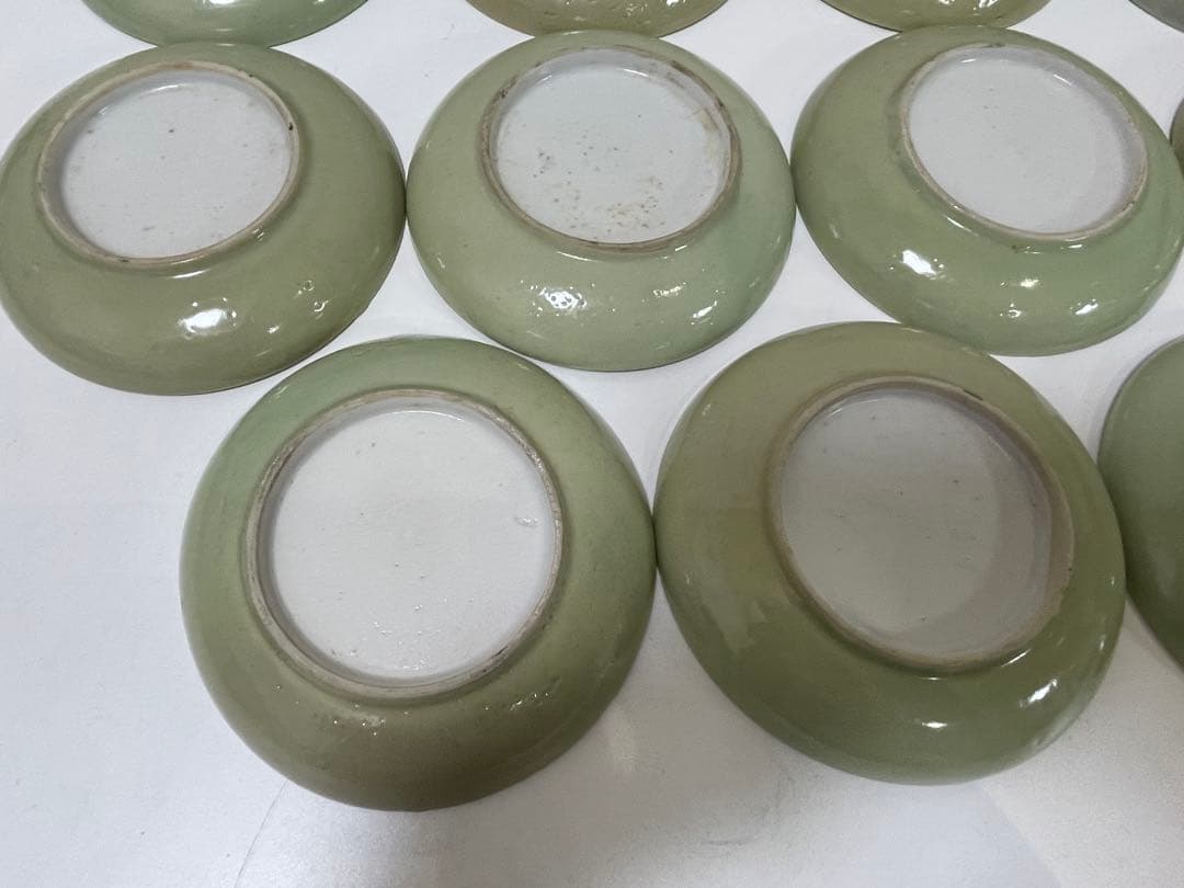 【現状品】クロム青磁 陶器 青磁 皿 風景画 アンティーク 割烹 懐石 15枚