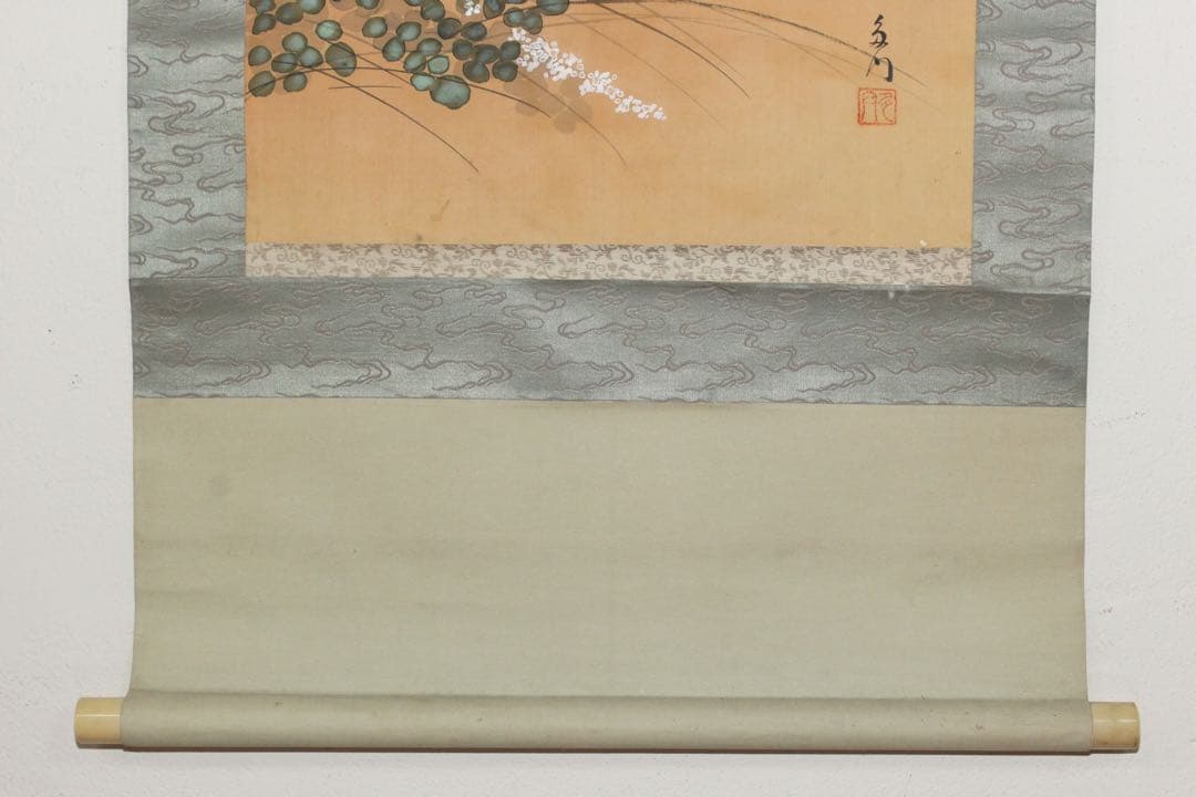 No5652 掛軸　山内多門　秋草鶉図　絹本着色　合箱　日本画　花鳥　送料無料