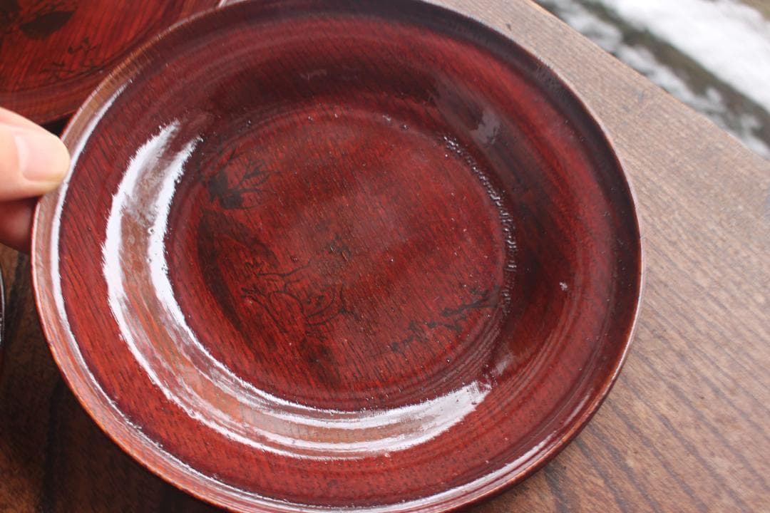 デッドストック！極上拭き漆に風情ある墨絵風草花文の映えるお皿5点（検銘々皿菓子皿