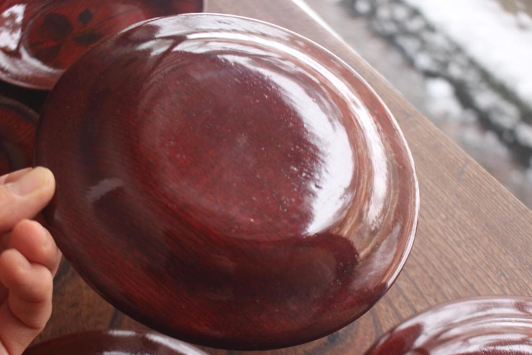 デッドストック！極上拭き漆に風情ある墨絵風草花文の映えるお皿5点（検銘々皿菓子皿