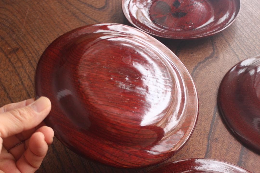 デッドストック！極上拭き漆に風情ある墨絵風草花文の映えるお皿5点（検銘々皿菓子皿