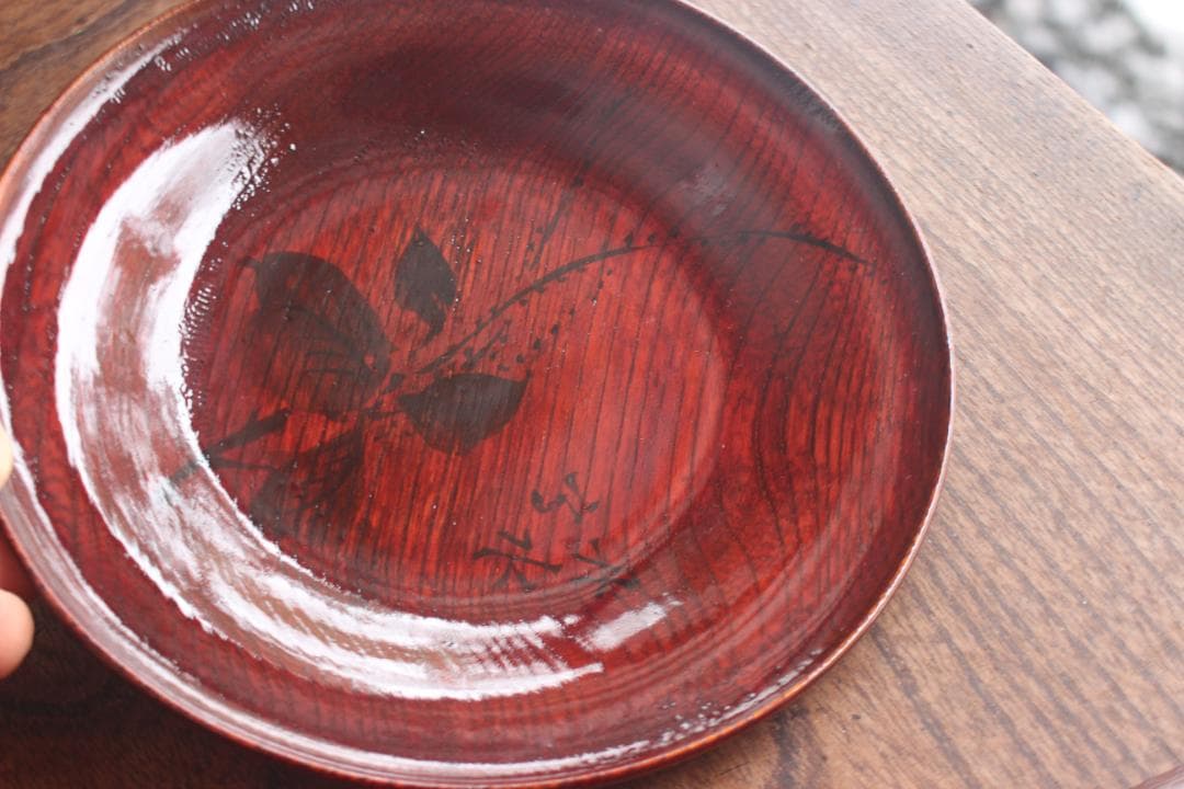 デッドストック！極上拭き漆に風情ある墨絵風草花文の映えるお皿5点（検銘々皿菓子皿