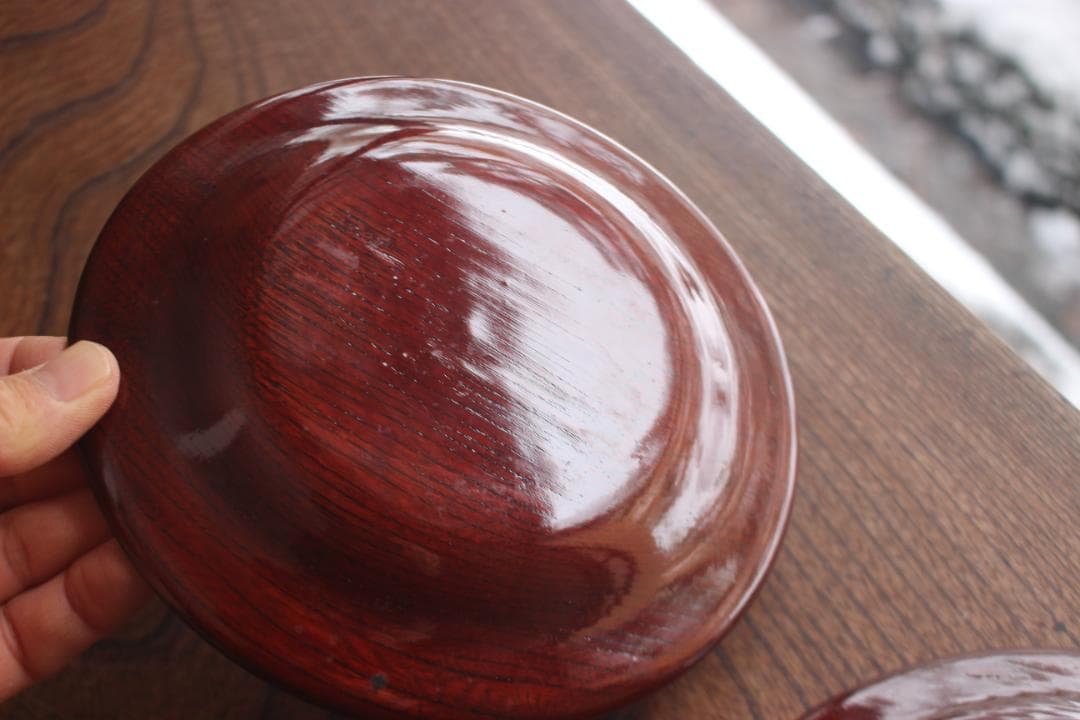 デッドストック！極上拭き漆に風情ある墨絵風草花文の映えるお皿5点（検銘々皿菓子皿