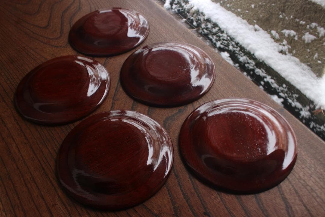 デッドストック！極上拭き漆に風情ある墨絵風草花文の映えるお皿5点（検銘々皿菓子皿