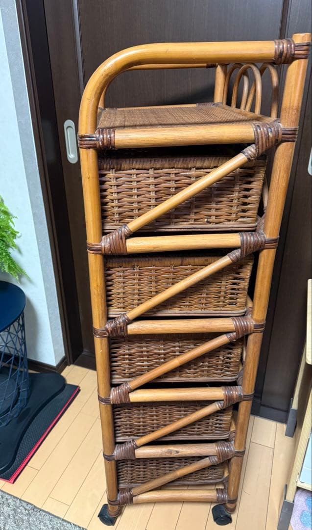 ラタン 籐家具 5段チェスト　ランドリーラック キャスター付　おまけカバー付き