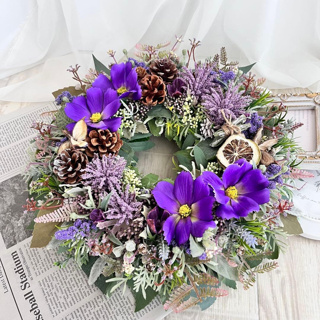 フラワー リース 紫 コスモス パープル 大きめ ナチュラルリース 244