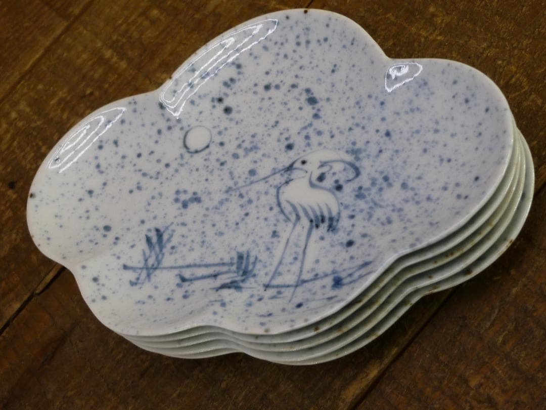 USED 有田焼 福泉窯 染付月朧白鷺文五弁花形小皿 ５点揃 U15031