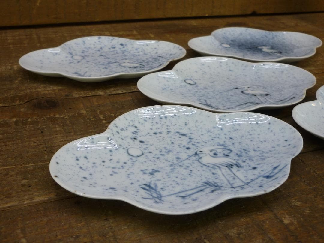 USED 有田焼 福泉窯 染付月朧白鷺文五弁花形小皿 ５点揃 U15031