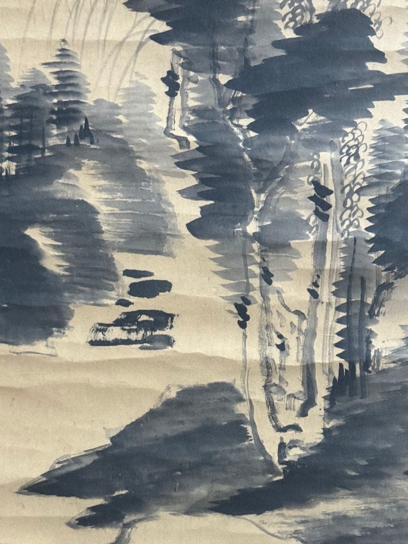 東艶斎花翁？　紙本肉筆　水墨山水　海堂蔵記載箱付　掛軸　送料込み260118