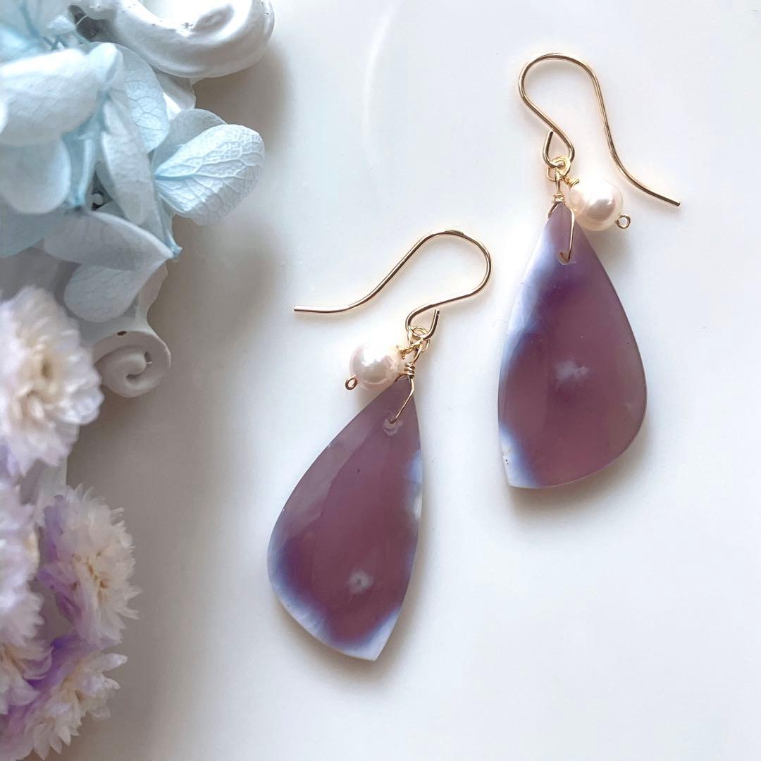 tama◆桜カービング✧ホワイトアラゴナイト×エチオピアオパールピアス