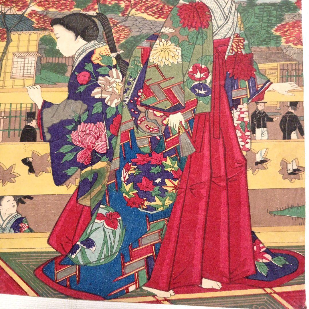 浮世絵版画、芝公園紅葉館樓上之真圖、立需広重画（三代歌川広重) 明治14年出版