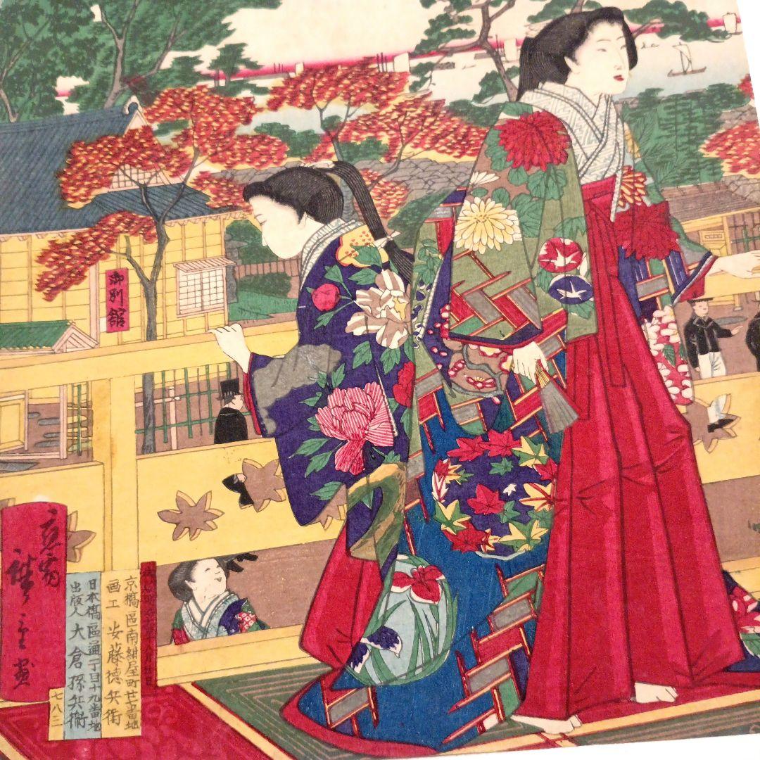 浮世絵版画、芝公園紅葉館樓上之真圖、立需広重画（三代歌川広重) 明治14年出版