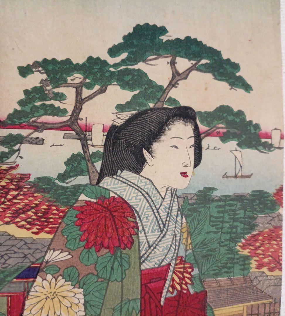 浮世絵版画、芝公園紅葉館樓上之真圖、立需広重画（三代歌川広重) 明治14年出版