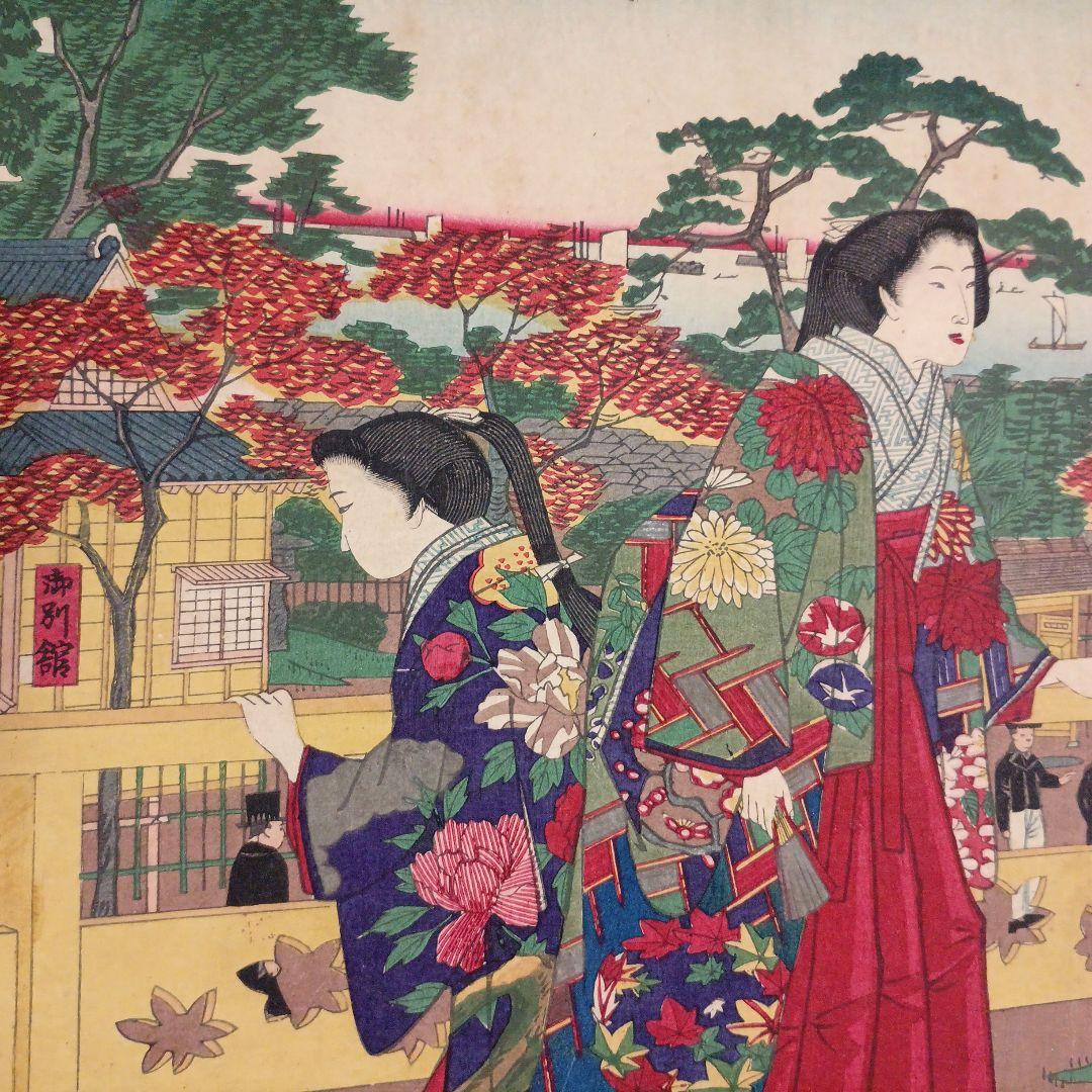 浮世絵版画、芝公園紅葉館樓上之真圖、立需広重画（三代歌川広重) 明治14年出版
