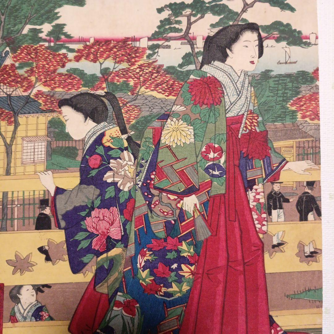 浮世絵版画、芝公園紅葉館樓上之真圖、立需広重画（三代歌川広重) 明治14年出版