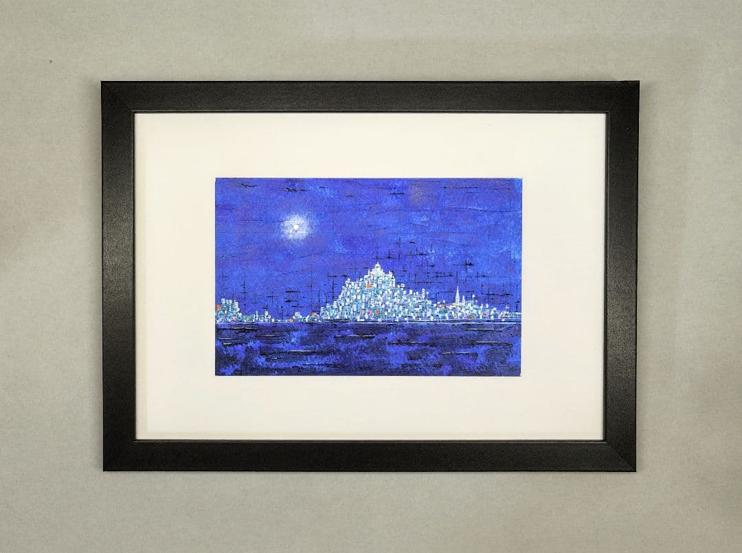 #原画アート「地中海の島」手描きアクリル原画 簡易フレーム入り
