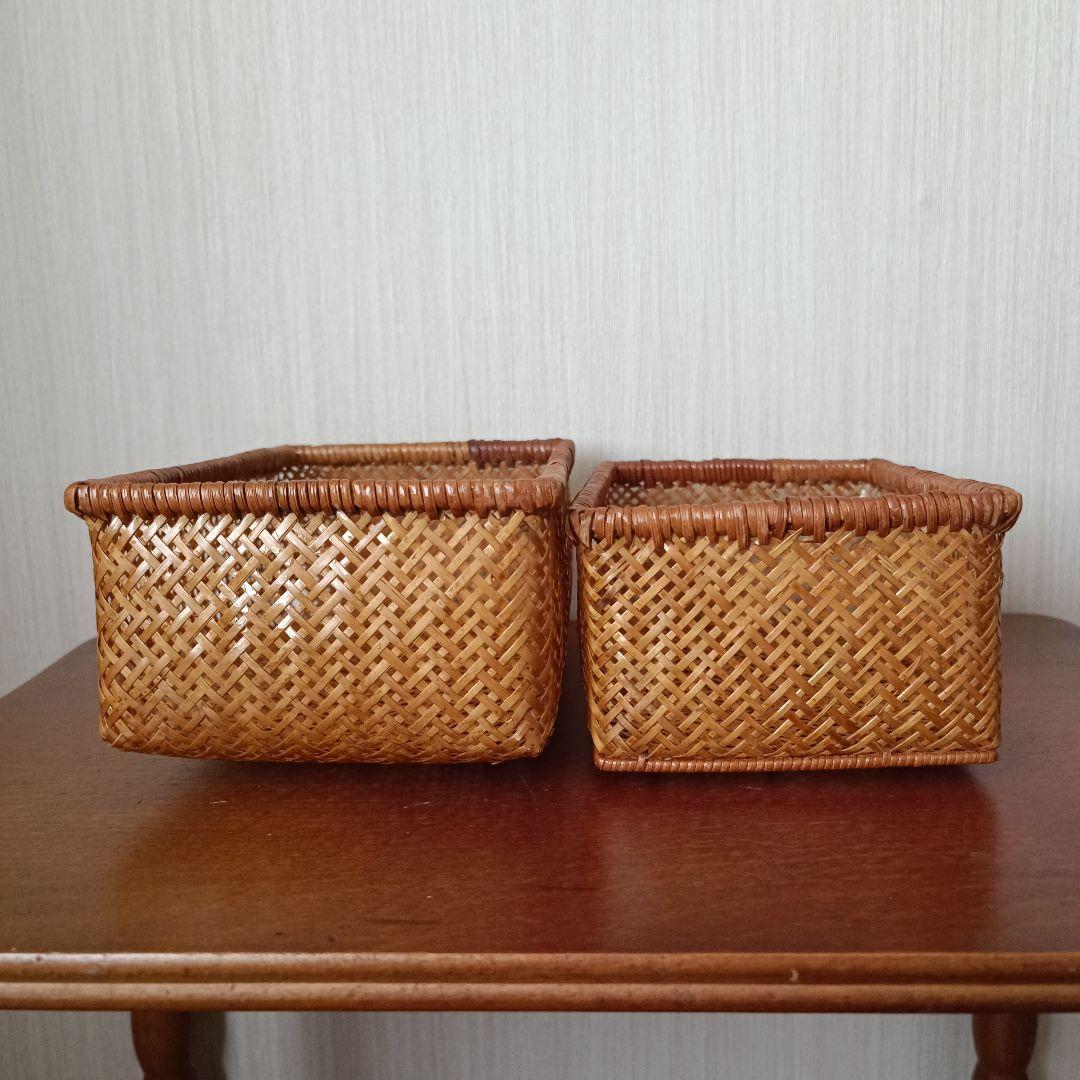 ヴィンテージ 竹細工 蓋付き竹籠 竹篭 昭和レトロ 古道具 蚤の市 小物入れ飴色