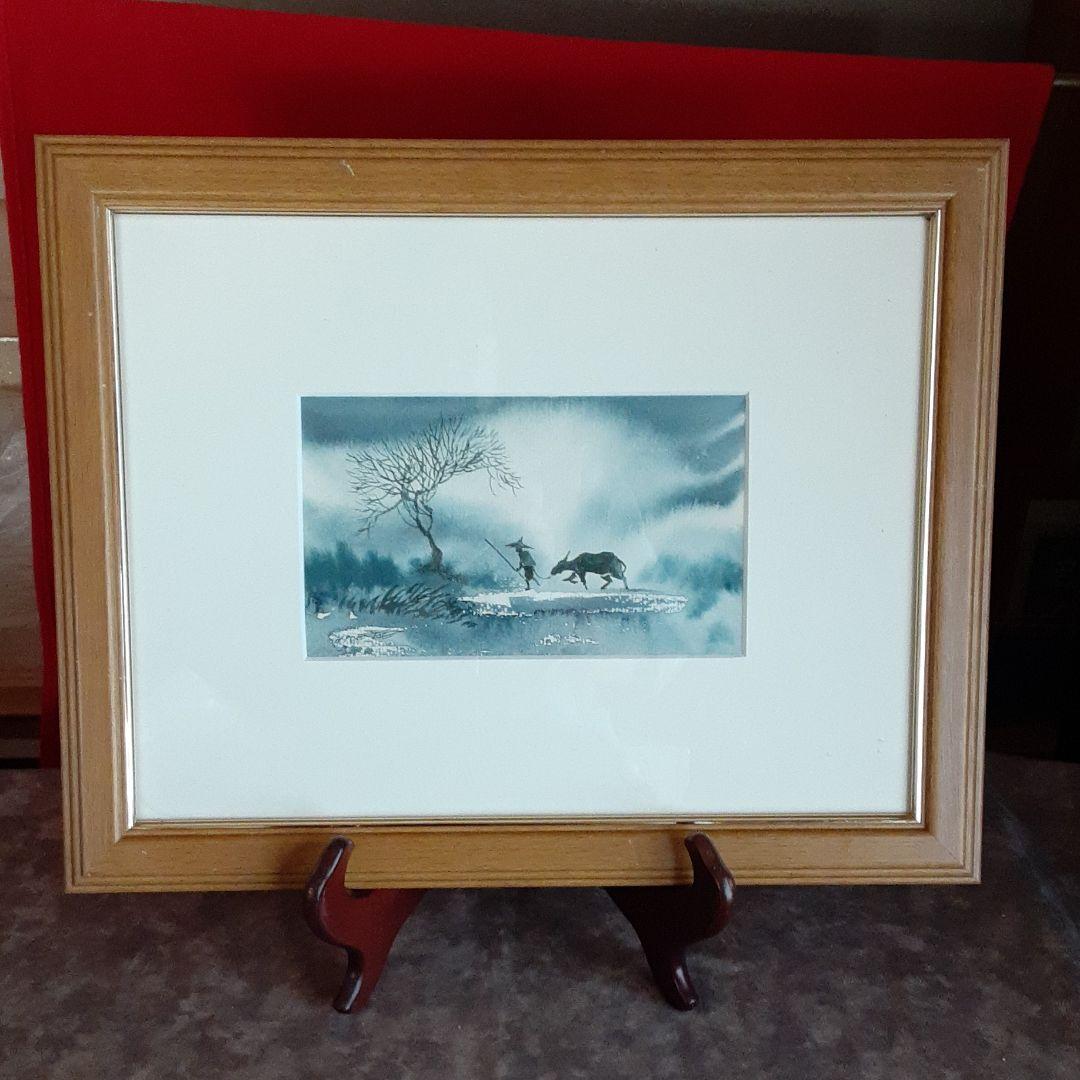 水彩画　牛と人物　風景 S