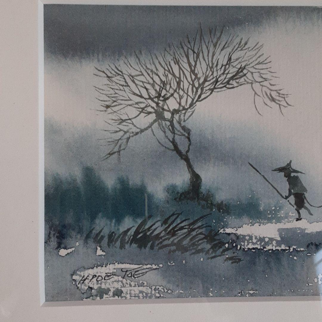 水彩画　牛と人物　風景 S