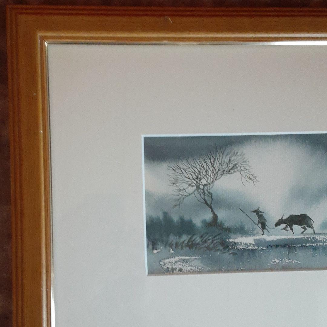 水彩画　牛と人物　風景 S