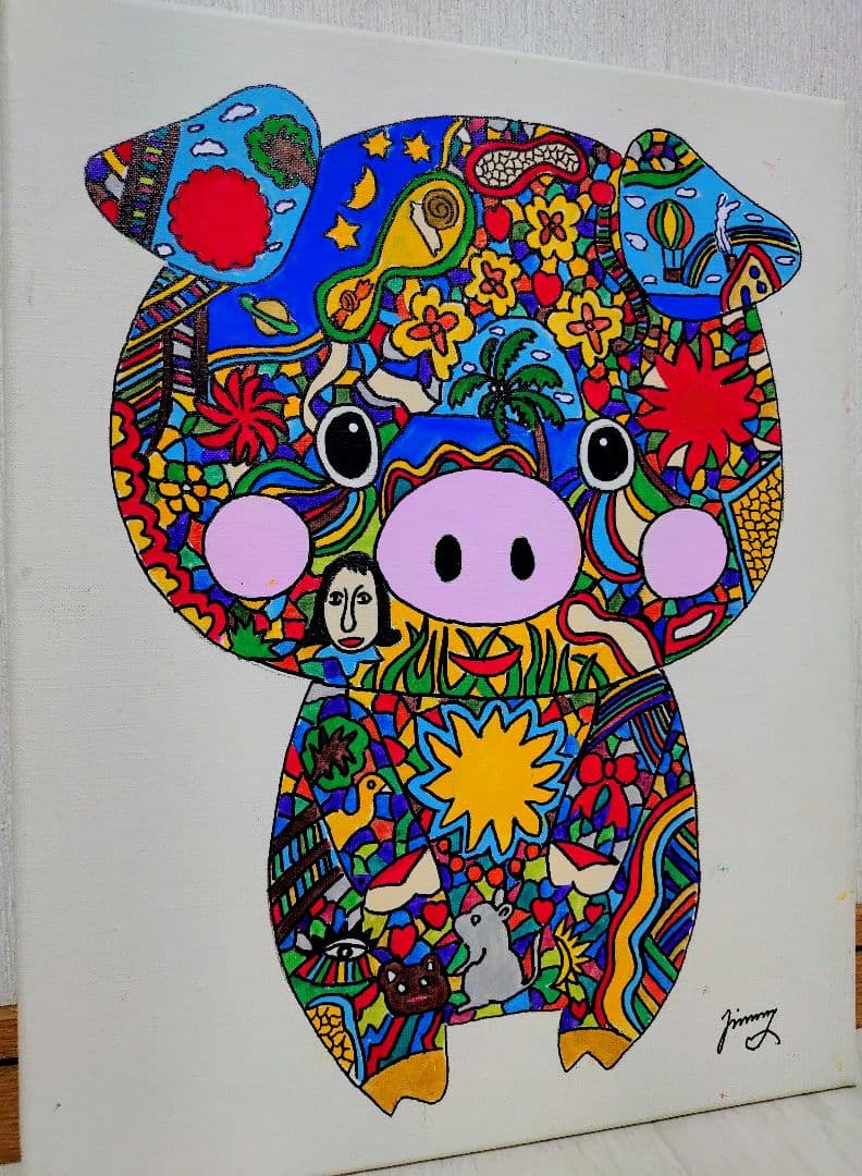 【F6号】ジミー大西【Pig】手描き作品/表裏サイン/油彩/アクリル/絵画/額縁