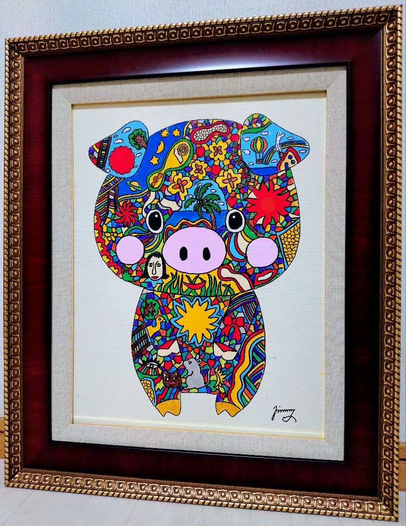 【F6号】ジミー大西【Pig】手描き作品/表裏サイン/油彩/アクリル/絵画/額縁