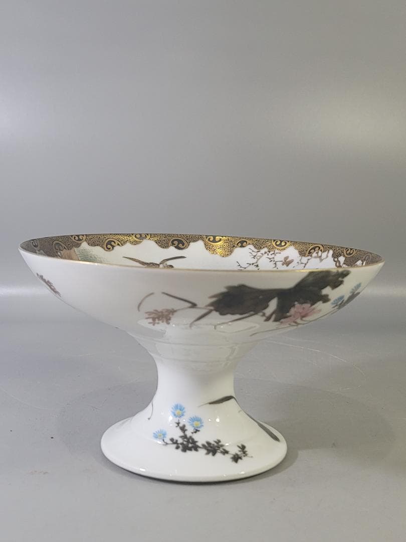 明治 九谷 金彩 草花鳥梟細密画 高碗 超絶技巧 美品 DT803