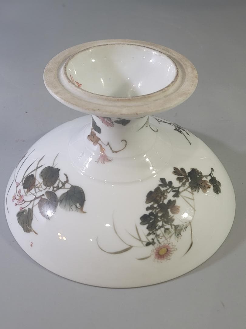 明治 九谷 金彩 草花鳥梟細密画 高碗 超絶技巧 美品 DT803