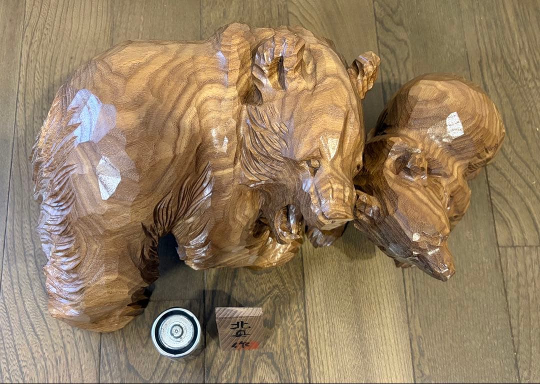 北真作　木製　熊　クマ　親子　彫刻