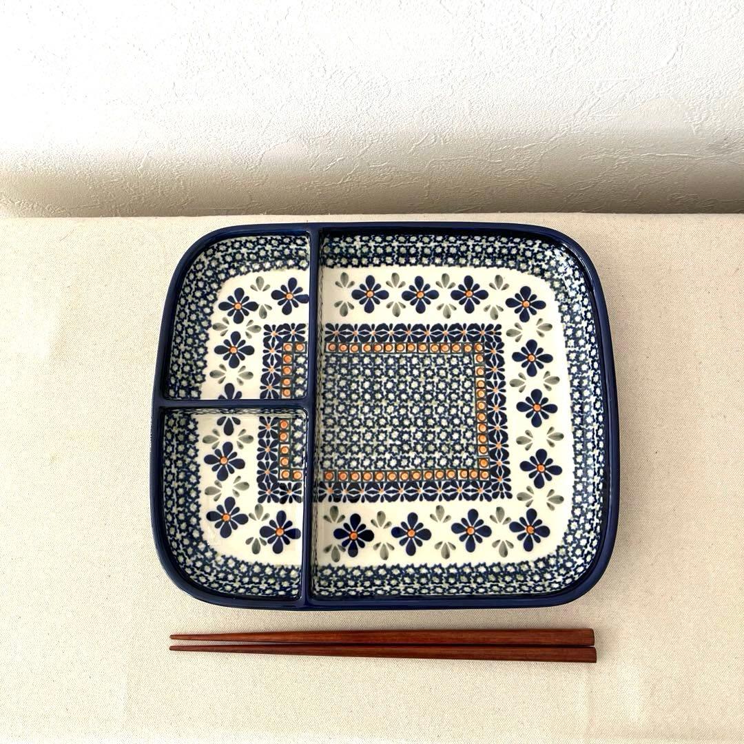 ○M459 ○ポーランド製　仕切りスクエア皿【未使用】ポーリッシュポタリー