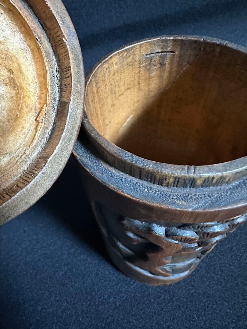 中国美術 竹製 松下三老人彫　蓋付き　古筆筒　 文房具　唐物　 古美術