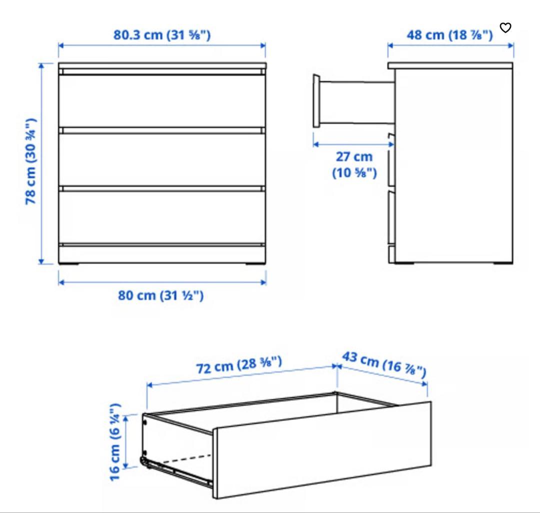 【引取価格】 IKEA MALM マルム　チェスト（引き出し×3）　2台セット