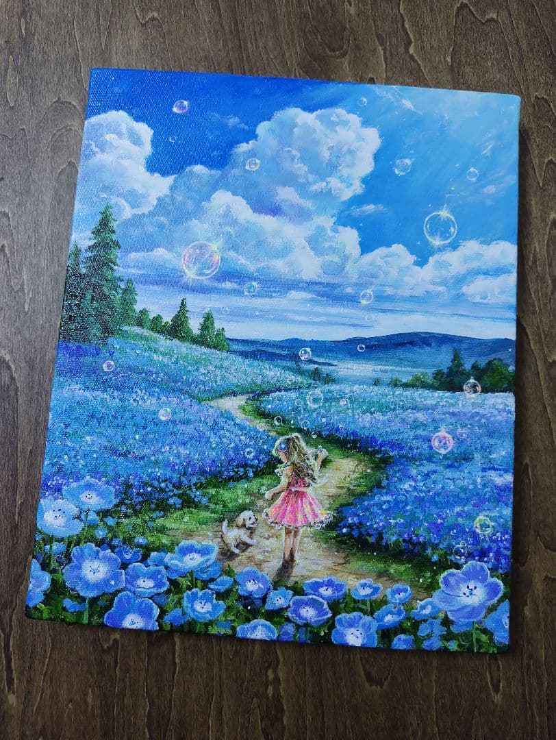 【ネモフィラ散歩道】アクリル画 F3 風景画 絵画