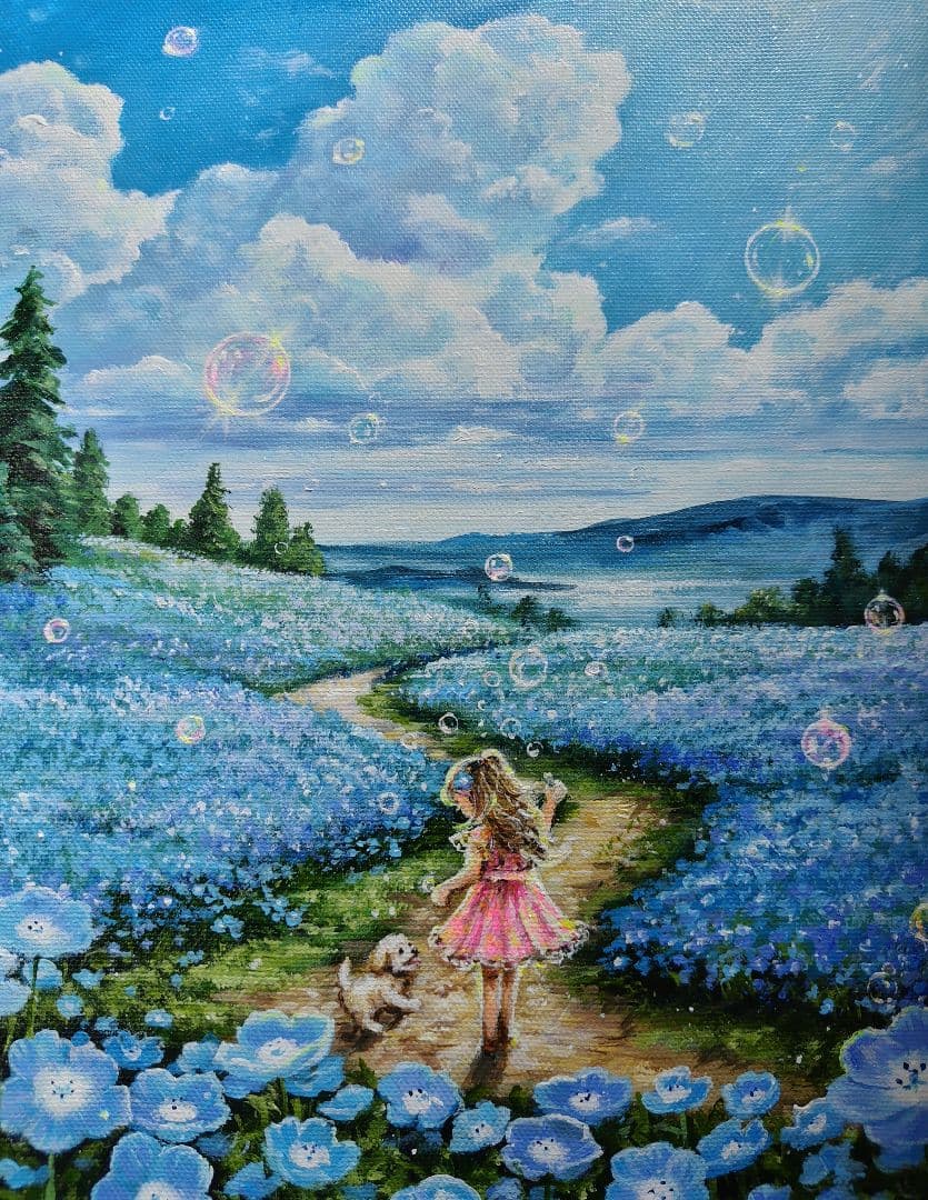 【ネモフィラ散歩道】アクリル画 F3 風景画 絵画