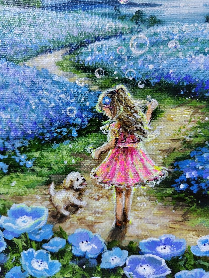 【ネモフィラ散歩道】アクリル画 F3 風景画 絵画