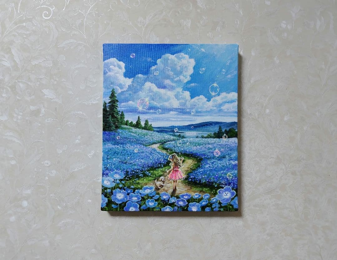 【ネモフィラ散歩道】アクリル画 F3 風景画 絵画